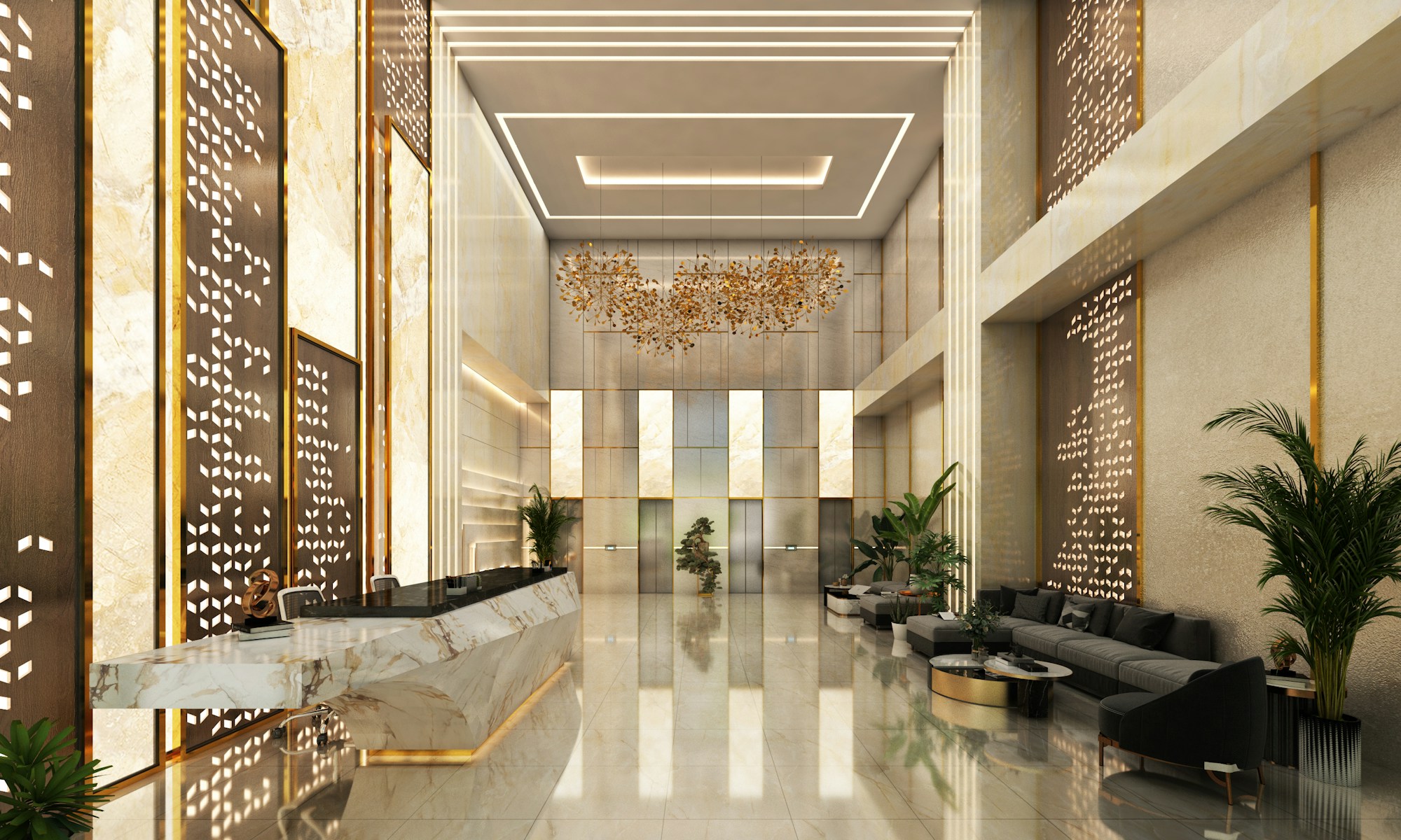 A contemporary hotel lobby with comfortable seating